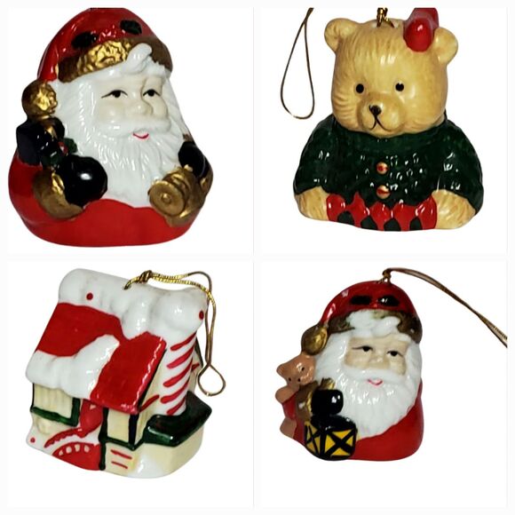 Vtg Ceramic Christmas Bell Ornaments Lot of 4 - Santa, Bear, House - Excellent - Picture 1 of 15